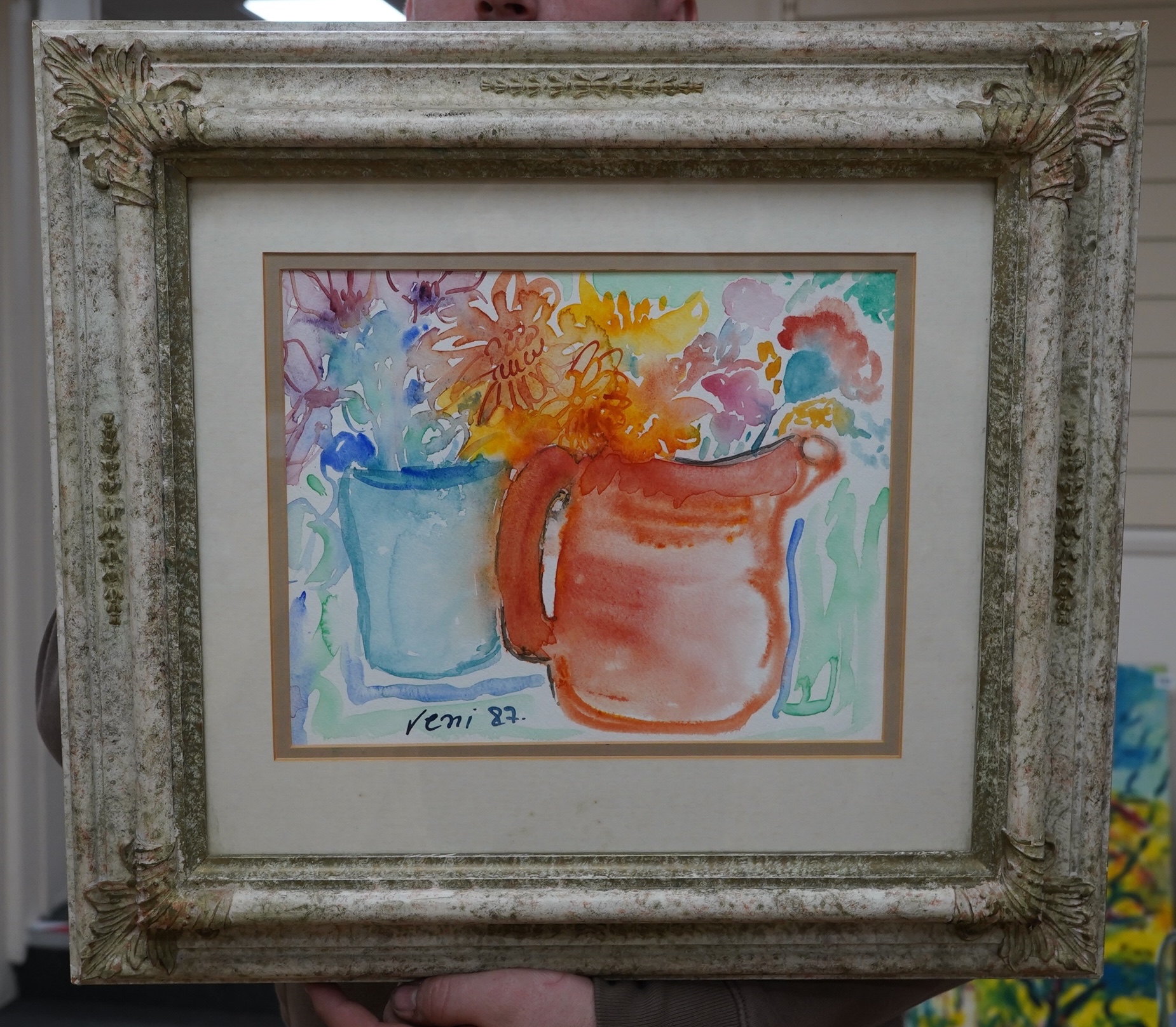 Reni, watercolour, Still life, jug and vase of flowers, signed and dated, ‘87, 24 x 29cm. Condition - good